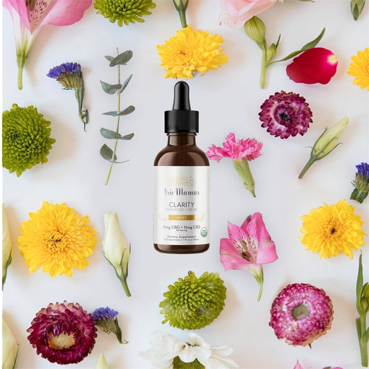 Image of colorful ai sprig flowers and in the center is Irie Mamas Cbd:CBD Clarity Tincture