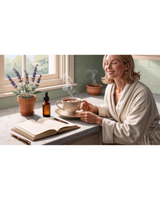 Image of a woman sitting down drinking herbal tea. There's a lavender plant by the windowsil and the sun shines in. Next to her plant is a journal and Irie Mamas tincture.