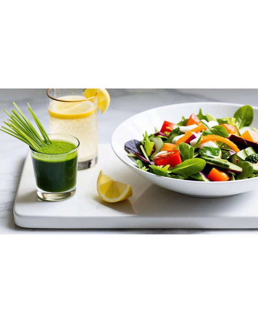 Image of wheat grass shot, lemon water and healthy vegetable salad.
