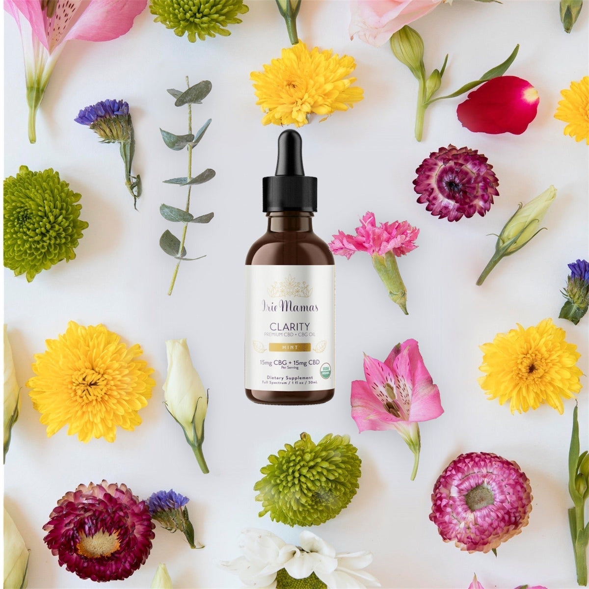 Image of colorful ai sprig flowers and in the center is Irie Mamas Cbd:CBD Clarity Tincture