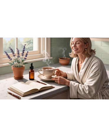 Image of a woman sitting down drinking herbal tea. There's a lavender plant by the windowsil and the sun shines in. Next to her plant is a journal and Irie Mamas tincture.