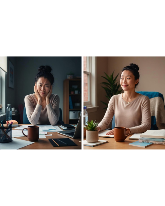 Side by side image of a woman at work. On the left she is stressed to the max. On the right she is visibly relaxed because she took a fast acting Harmony Gel.