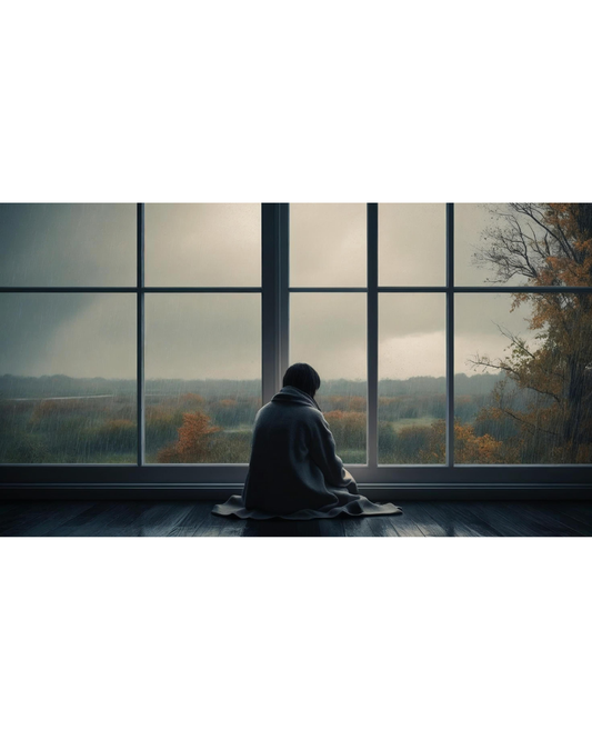 Image of a person in a dark room. They're staring out the window. It looks like fall and the sky is grey. The person is sitting with their body covered in a huge blanket.