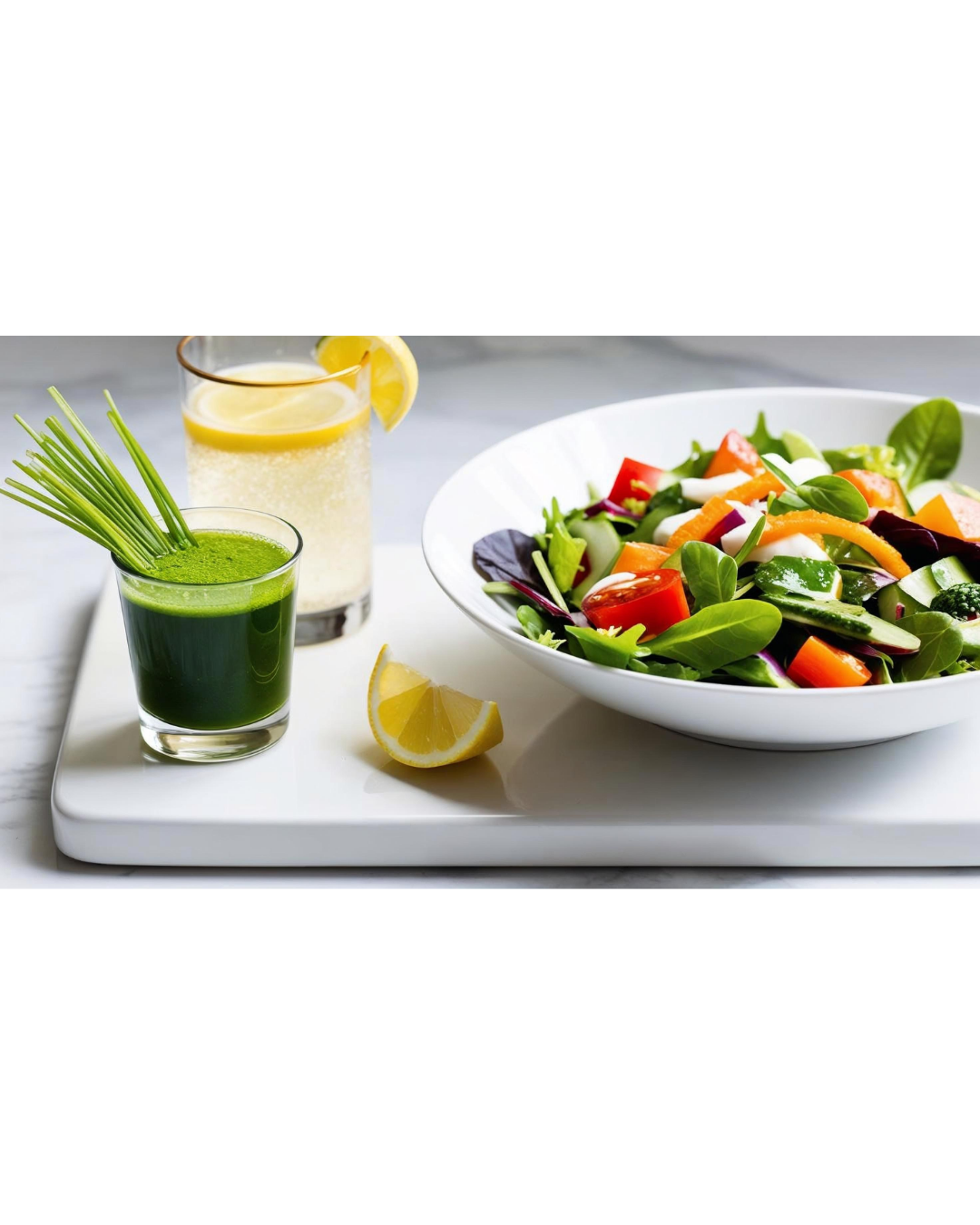 Image of wheat grass shot, lemon water and healthy vegetable salad.